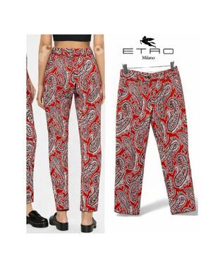 Etro Milano Red Paisley Print Women's Fitted Pants Size 42, High Waist, Slim Fit